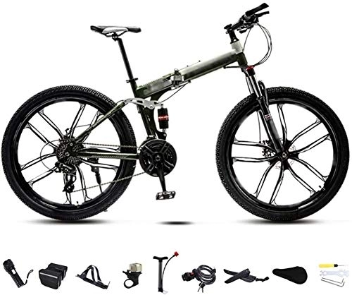 Folding Mountain Bike : RENXR 24-26" Foldable Bike MTB Bicycle Double Disc Brake Unisex Folding Commuter Bike Off-Road 30-Speed For Men And Women, White, 24