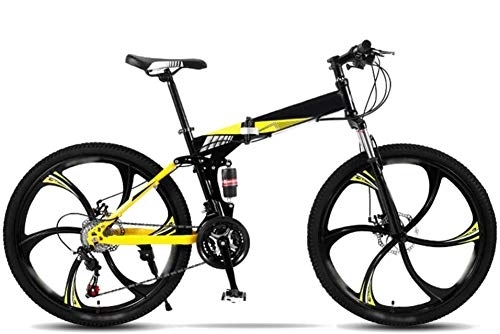 Folding Mountain Bike : RENXR 24-Inch Folding Bicycle Mountain Bike 27-Speed Zoom Double Disc Full Suspension Bicycle Lightweight Off-Road Variable Speed Women's / Adult / Student / Car Bike, Yellow