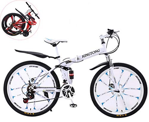 Folding Mountain Bike : RHSMSS 10-knife Integrated Wheel, 24 Inches Double Shock Absorption Foldable Bicycle, Unisex High-carbon Steel Variable Speed Mountain Bike, Can Be Put into the Trunk, White, 24in (24 speed)