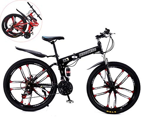 Folding Mountain Bike : RHSMSS 10-knife Integrated Wheel, 26 Inches Double Shock Absorption Foldable Bicycle, Unisex High-carbon Steel Variable Speed Mountain Bike, Can Be Put into the Trunk, Black, 26in (21 speed)