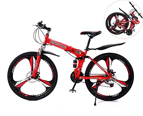 Folding Mountain Bike : RHSMSS 3-knife Integrated Wheel, 24 Inches Double Shock Absorption Foldable Bicycle, Unisex High-carbon Steel Variable Speed Mountain Bike, Can Be Put into the Trunk, Red, 24in (24 speed)