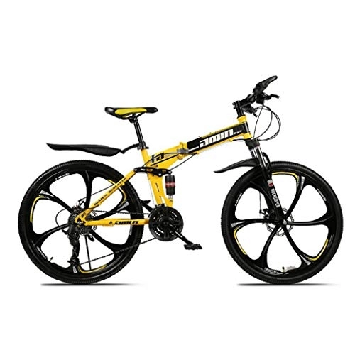 Folding Mountain Bike : RPOLY 21-Speed Mountain Bike Folding Bikes, Dual Disc Brake, Adult Folding Bicycle, Off-road Variable Speed Bike with 6-Spoke Wheels, Yellow_24 Inch