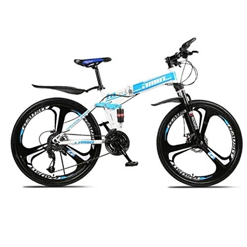 Folding Mountain Bike : RPOLY 27-Speed Mountain Bike Folding Bikes, Double Shock Absorption, Adult Folding Bicycle, Off-road Variable Speed Bike with 3-Spoke Wheels, Blue_24 Inch
