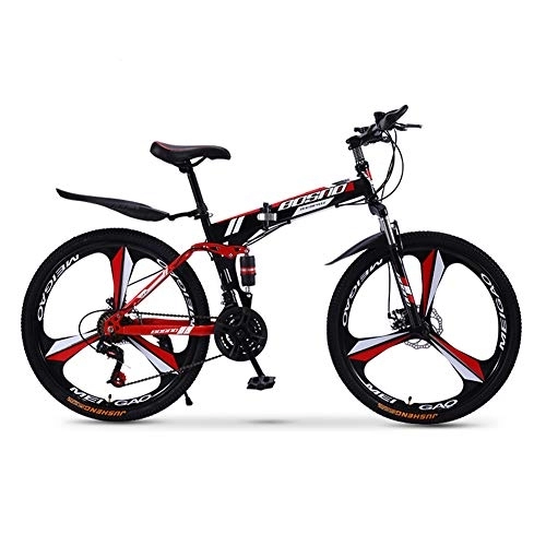 Folding Mountain Bike : RR-YRL 20-Inch Folding City Bike, Dual-Shock Mountain Bike, 21 / 24 / 27 / 30 Shift, Unisex, Carbon Steel Frame, red 30 Variable speed