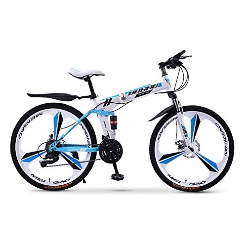 Folding Mountain Bike : RR-YRL 24 Inch Folding Bicycle, Adult Mountain Shift Bicycle, High Carbon Steel Frame, Double Disc Brake, Unisex, Adapt To Various Road Conditions, white and blue 30 speed