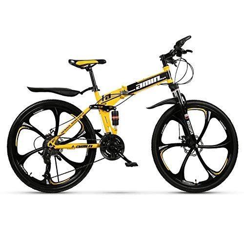Folding Mountain Bike : RR-YRL 26-Inch Folding Bike, 30-Speed Mountain Bike, High-Carbon Steel Frame, City Bike, Unisex Off-Road Bike, yellow 24 shift