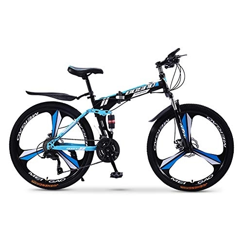 Folding Mountain Bike : RR-YRL 26-Inch Folding Bike, Mountain Bike, Carbon Steel Frame, 30-Speed Shift, Double Folding Disc Brakes, Adult Men And Women, Outdoor Travel, black and blue 24 shift