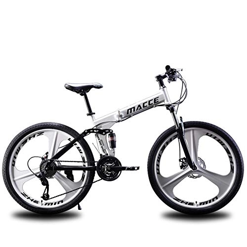 Folding Mountain Bike : RR-YRL Adult Folding Bike, Off-Road Mountain Bike, 26 Inches, 27 Shifts, Double Shock Absorption, Front And Rear Mechanical Disc Brakes, Unisex, White 27 speed