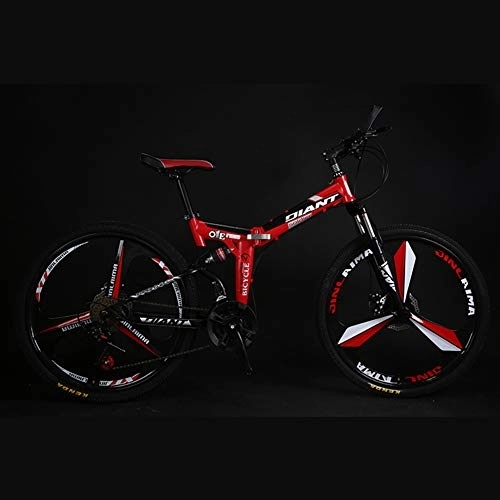 Folding Mountain Bike : RR-YRL Folding Bicycle, 26-Inch 21-Speed Mountain Bike, Dual-Shock Disc Brake Integrated Wheel Bicycle, Unisex, Red