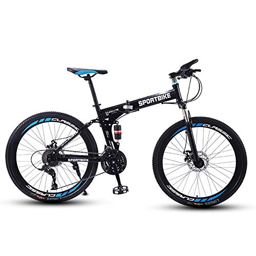 Folding Mountain Bike : SCYDAO Folding Mountain Bike 26 Inch, 21 / 24 / 27 / 30 Speed Full Suspension Dual Disc Brake Carbon Steel Frame MTB Bicycle with Mudguard Lockable Fork Outroad Bicycles, Black, 21 speed