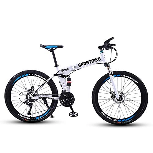 Folding Mountain Bike : SCYDAO Folding Mountain Bike 26 Inch, 21 / 24 / 27 / 30 Speed Full Suspension Dual Disc Brake Carbon Steel Frame MTB Bicycle with Mudguard Lockable Fork Outroad Bicycles, White, 21 speed