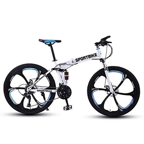 Folding Mountain Bike : SCYDAO Folding Mountain Bike 26 Inch, 21 / 24 / 27 Speed Full Suspension Dual Disc Brake Carbon Steel Frame MTB Bicycle with Mudguard, Can Lockable Fork, White, 24 speed