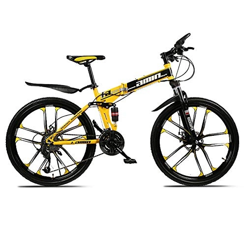 Folding Mountain Bike : She Charm Mountain Bike for Adult, 26 Inch Wheels, Mountain Trail Bike Outroad Bicycles, 21 / 24 / 27 / 30 Speed Bicycle Full Suspension MTB Gears Dual Disc Brakes Mountain Bicycle, Yellow, 21 SPEED