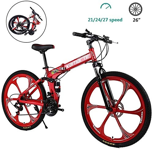 Folding Mountain Bike : Shirrwoy Adult Folding Mountain Bike, 26 inch Wheels, Mountain Trail Bike High Carbon Steel Outroad Bicycles, 21 / 24 / 27-Speed Bicycle Full Suspension Dual Disc Brakes Mountain Bicycle, Red, 21 speed