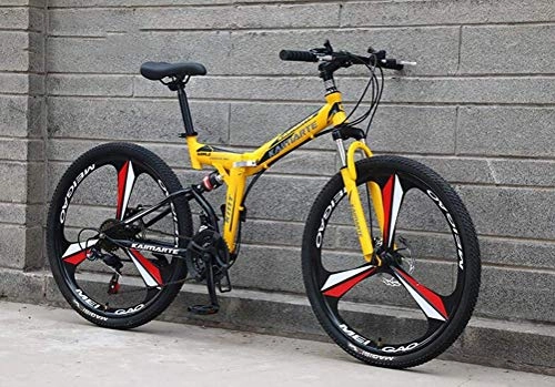 Folding Mountain Bike : Shock Absorption Shifting Soft Tail Mountain Bike Bicycle 26 Inch 24 Speed Mens MTB Yellow