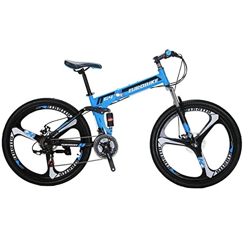 Folding Mountain Bike : SL Eurobike G4 Mountain Bike 21 Speed 26 Inches 3-Spoke Wheels Dual Suspension Folding Bicycle Blue