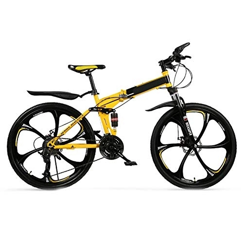 Folding Mountain Bike : SYCHONG Folding Mountain Bike Bicycle, 21Speed, High Carbon Steel Frame, Non-Slip, Double Shock, Male And Female Off-Road Racing Bicycle, Yellow, 24inches，26inches