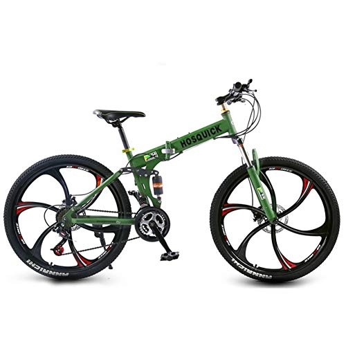 Folding Mountain Bike : SYCHONG Mountain Bike Six-Knife Wheel Dual Suspension Folding Bike 21 / 24Speed MTB Bicycle, Green, 24inches
