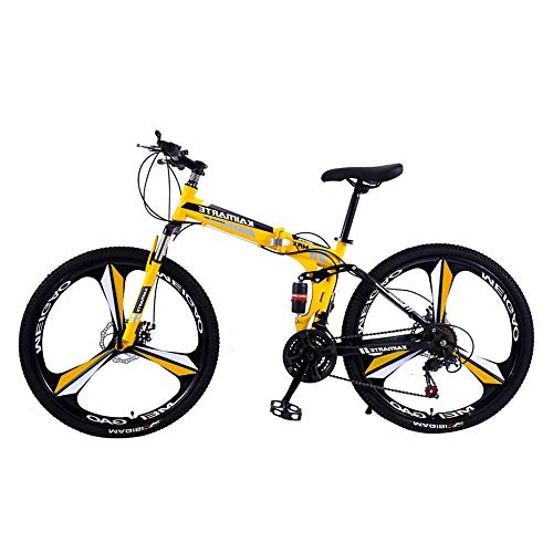 Folding Mountain Bike : TATANE Foldable Mountain Bike, Double Disc Brake Soft Tail Frame Adult 24 / 26 Inch Shock, Foldable 21 / 24 / 27 Speed Outdoor Couple Student Bicycle, Yellow, 24 inch 27 speed