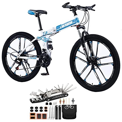Folding Mountain Bike : Tbagem-Yjr 10 Knife Wheels Cross Country Variable Speed Bicycle 26 Inch Folding Bicycle, 21Speed Mountain Bike Double Shock Absorption Lightweight Tool Accessories (Color : Blue, Speed : 27speed)