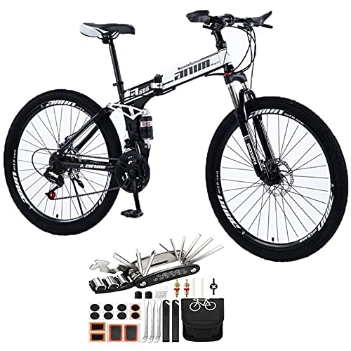 Folding Mountain Bike : Tbagem-Yjr 21 Speed MTB 26in Mountain Bicycles Spoke Wheel With Disc Brakes Full Suspension Outdoor Bicycle Tool Accessories Folding Mountain Bike (Color : Black, Speed : 21speed)
