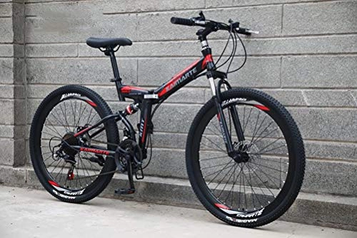 Folding Mountain Bike : Tbagem-Yjr 24 Inch Shock Absorption Shifting Soft Tail Mens Mountain Bike, Folding Mountain Bicycle (Color : Black red)