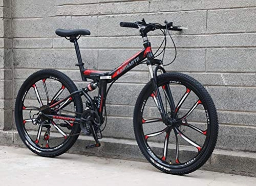 Folding Mountain Bike : Tbagem-Yjr 24 Speed Sports Leisure Mountain Bike For Adults - Shock Absorption Shifting Soft Tail Folding Bicycle (Color : Black red)