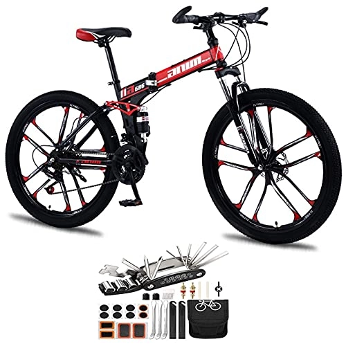 Folding Mountain Bike : Tbagem-Yjr 26 Inch Double Shock Absorption Lightweight Folding Bicycle, 21-30 Speed Mountain Bike 10 Knife Wheels Cross Country Variable Speed Bicycle Tool Accessories (Color : Red, Speed : 27speed)