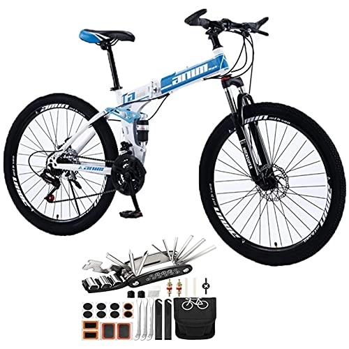 Folding Mountain Bike : Tbagem-Yjr 26in Outdoor Bicycle 21-30 Speed MTB Folding Mountain Bike, Spoke Wheel Mountain Bicycles Disc Brakes Full Suspension Tool Accessories (Color : Blue, Speed : 21speed)