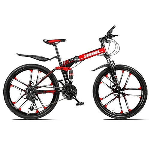 Folding Mountain Bike : Tbagem-Yjr High-carbon Steel Folding Mountain Bike, Portable Outdoor Sports Leisure Bicycle 26 Inch (Color : Red, Size : 24 speed)
