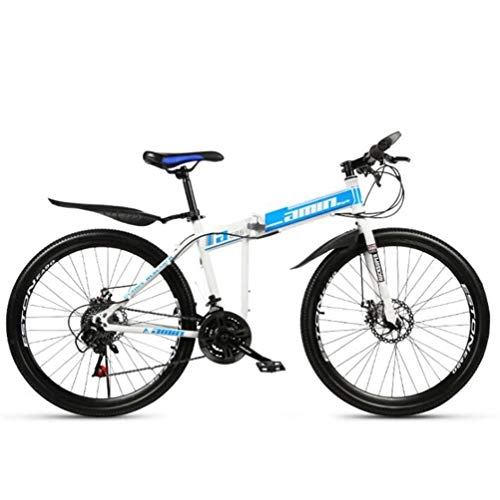 Folding Mountain Bike : Tbagem-Yjr Spoke Wheels Shock Absorption Mountain Bicycle, 26 Inch Dual Suspension Folding Bike (Color : Blue, Size : 24 speed)