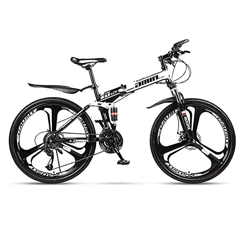 Folding Mountain Bike : TBNB Folding Adult Mountain Bike, 24 / 26 Inch Full Suspension Road Bicycle, Double Disc Brake Outroad Mountain Bicycle for Men Women (White 26inch / 21Speed)