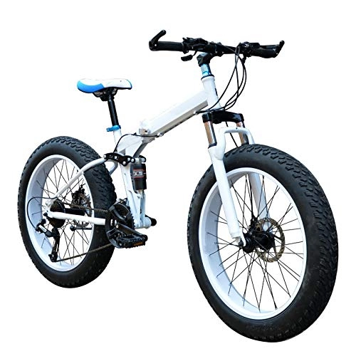 Folding Mountain Bike : THENAGD 24 26 Inch Double Disc Brake, Damping Off Road Variable Speed Thick Tires Folding Beach Snowmobile Mountain Bike 24 inches White snow gift pack