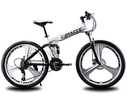 Folding Mountain Bike : TMXK 26In Foldable Mountain Bike, Full Suspension MTB Bikes, High Carbon Steel Frame, Shock Absorber Spring, White