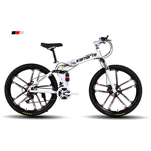 Folding Mountain Bike : Unisex Mountain Bike 21 / 24 / 27 Speed High-carbon Steel Frame 26 Inches 10-Spoke Wheels Dual Suspension Folding Bike with Disc Brakes, White, 24Speed