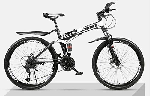 Folding Mountain Bike : unknow Mountain Bike Folding Bikes, 26Inch 24-Speed Double Disc Brake Full Suspension Anti-Slip, High Carbon Steel Frame, Suspension Fork, Adult Racing-(Spoke Wheel)-Black White
