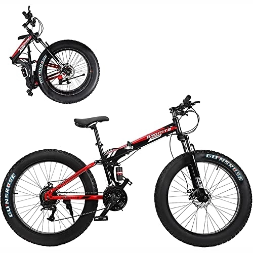 Folding Mountain Bike : UYHF 26-Inch Folding Fat Tire Mountain Bike for Beach Snow, 21 Speed Full Suspension Double Disc Brakes High Carbon Steel Frame red-24 Speed