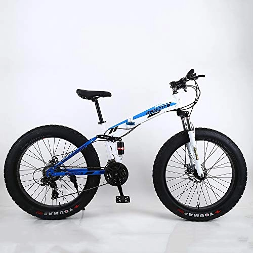 Folding Mountain Bike : VANYA 26 Inches Folding Mountain Bike 7 Speeds Suspension Disc Brake Off-Road Snowmobile 4.0 Wide Tire Beach Bicycle, Blue, 26inches