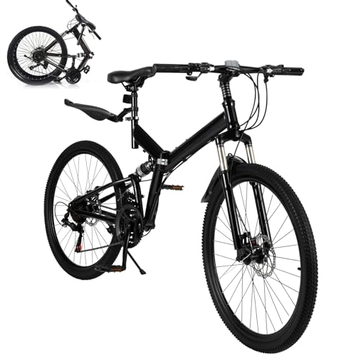 Folding Mountain Bike : VonVVer 24 Inch Folding Mountain Bike - 21 Speed Adjustable Foldable Bicycle with Dual Disc Brakes Folding Bike Full Suspension High Carbon Steel Adult Bike for Adult Men and Women (Black)