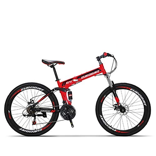 Folding Mountain Bike : W&TT 26 Inch Folding Mountain Bike 21 / 27 Speeds Dual Disc Brakes Shock Absorber Bicycle High Carbon Soft Tail Adults Bicycle, Red, 21speed