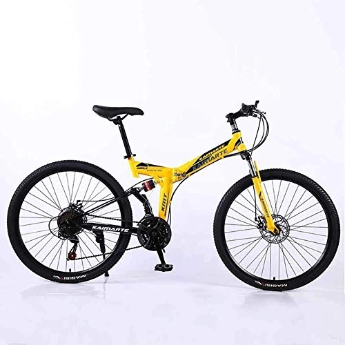 Folding Mountain Bike : WEHOLY Bicycle Mountain Bike, 21 Speed Dual Suspension Folding Bike, with 26 Inch Spoke Wheel and Double Disc Brake, for Men and Woman, Yellow, 27speed