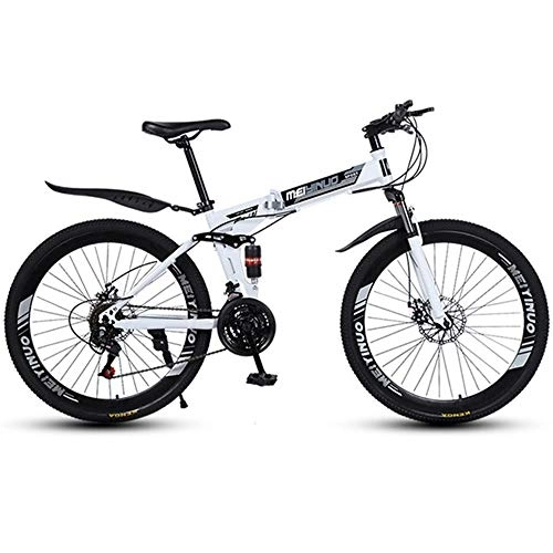 Folding Mountain Bike : WGYDREAM Mountain Bike, Foldable Mountain Bicycles Full Suspension MTB Bikes Dual Disc Brake Ravine Bike, 26 inch Spoke Wheels (Color : White, Size : 21-speed)