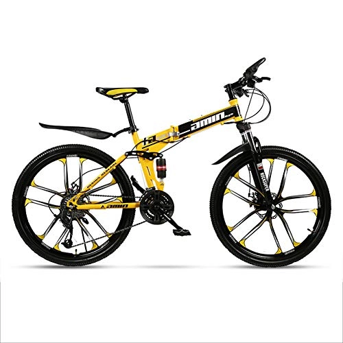 Folding Mountain Bike : WJH 26 Inch Mountain Bikes, Folding High Carbon Steel FrameVariable Speed Double Shock Absorption Foldable Bicycle, Yellow, 10 spokes 24 speeds