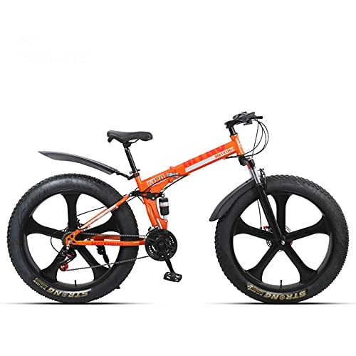 Folding Mountain Bike : WLWLEO Fat Tire Mountain Bike, 26 Inch 21 / 24 / 27 Speed Foldable Mountain Bike, High Carbon Steel Frame, Beach Snow All-Terrain Anti-Slip Bike for Adults Teens, Orange, 27 speed