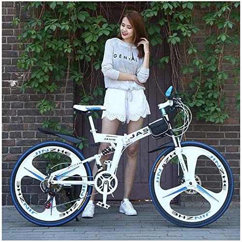 Folding Mountain Bike : WSJYP 26 Inch Adult Folding Mountain Bike, High Carbon Steel Frame Mountain Bikes, 24 Inch 24 Speeds Shock Absorption Mountain Bicycle, 24 in-White