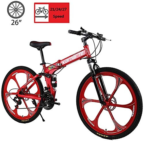 Folding Mountain Bike : WSJYP 26 Inch Folding Mountain Bikes, High Carbon Steel Road Bike with Disc Brakes, 21 / 24 / 27-Speed Bike Full Suspension MTB Bike Unisex, 24 speed-Red