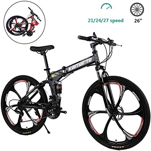 Folding Mountain Bike : WSJYP Adult Folding Mountain Bike, 26 Inch High Carbon Steel Outroad Bicycles, 21 / 24 / 27-Speed Full Suspension Dual Disc Brakes Mountain Bicycle, 27speed-Black