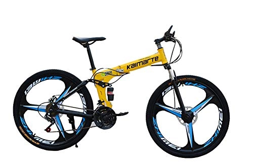 Folding Mountain Bike : WYYSYNXB Variable Speed Damping Bicycle 3 Knife Wheel Double Disc Brake Mountain Folding Bikes 5 Colors Available, Yellow, 24inches21speed