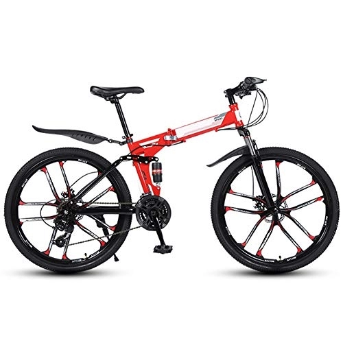 Folding Mountain Bike : WYZDQ 26 Inch Mountain Bike Front And Rear Shock Absorber Bicycle Variable Speed Folding Student Adult Work Outdoor Bike, Red, 10 knife 27 speed