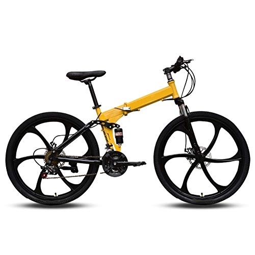 Folding Mountain Bike : WYZDQ Men's Portable Bicycle, Adult Variable Speed Folding Mountain Bike, Front And Rear Shock Absorption, Yellow, 21 speed
